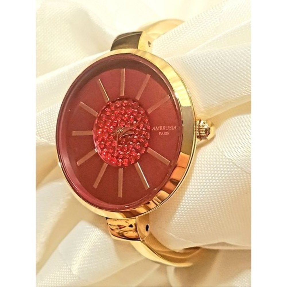 Ambrosia Paris Soleil Rouge Red Swarovski Crystals Bangle Watch